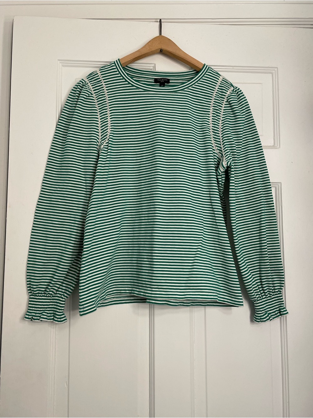 Talbots Green and White Striped Long Sleeve Crewneck Top